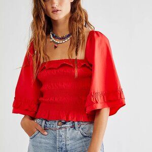 Free People Red Shirred Perfection Smocked Puff-Sleeve Top